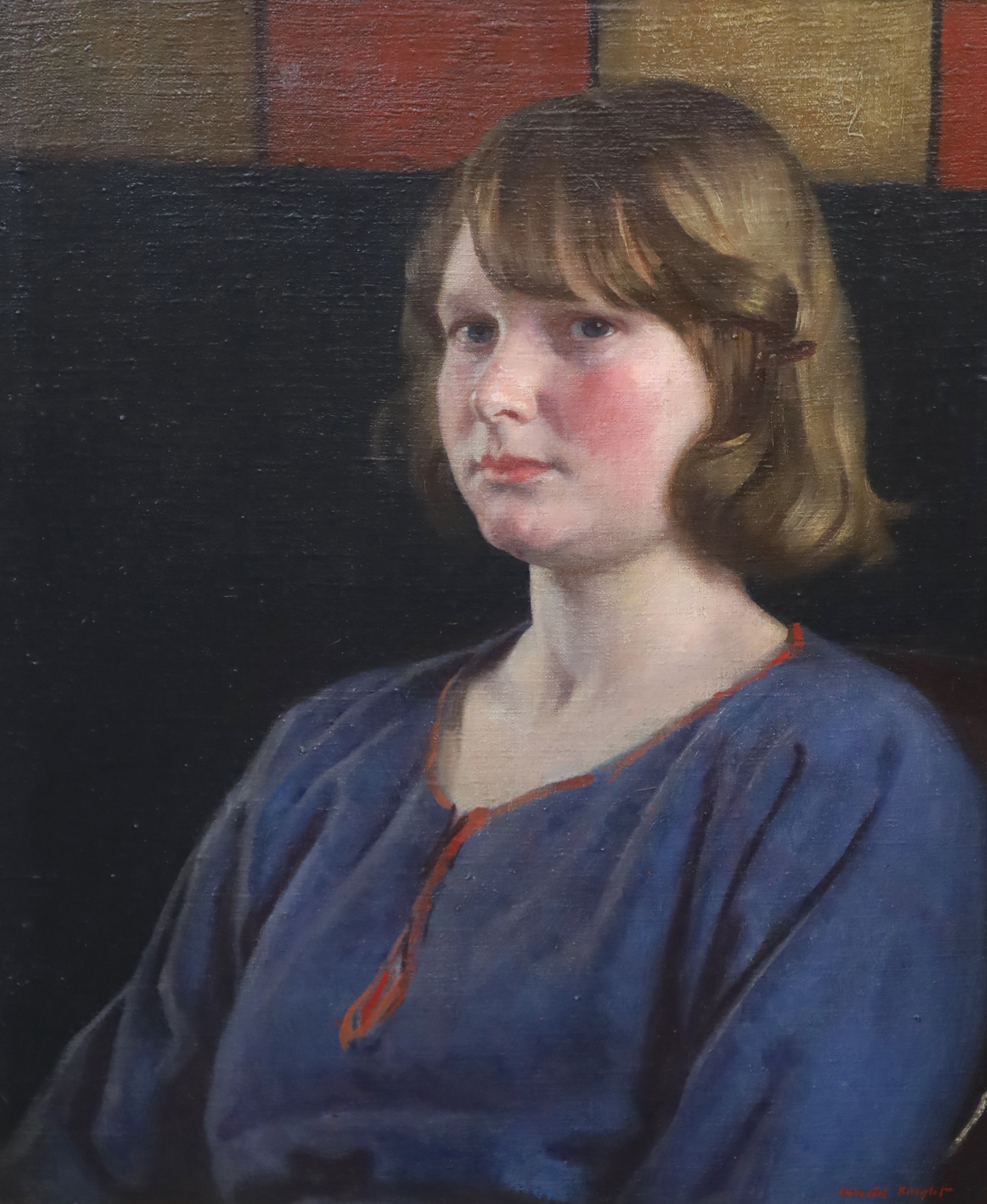 Harold Knight (1874-1961), Portrait of a young woman in a blue dress, Oil on canvas, 60 x 50cm.